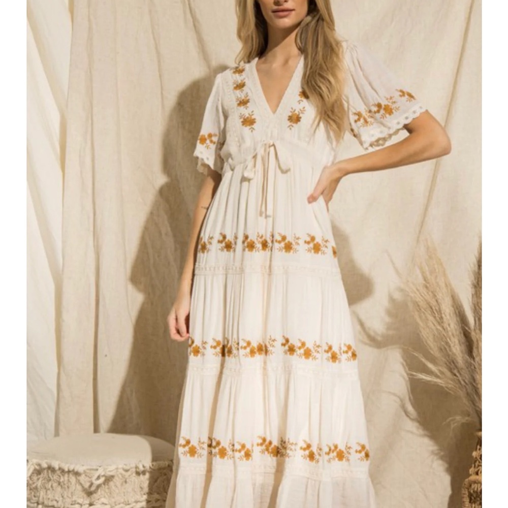 Baevely floral embroidered dress ivory rust